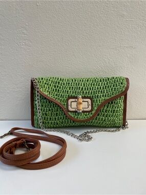 Straw Studios Green Woven Straw Shoulder Bag with Brown Trim